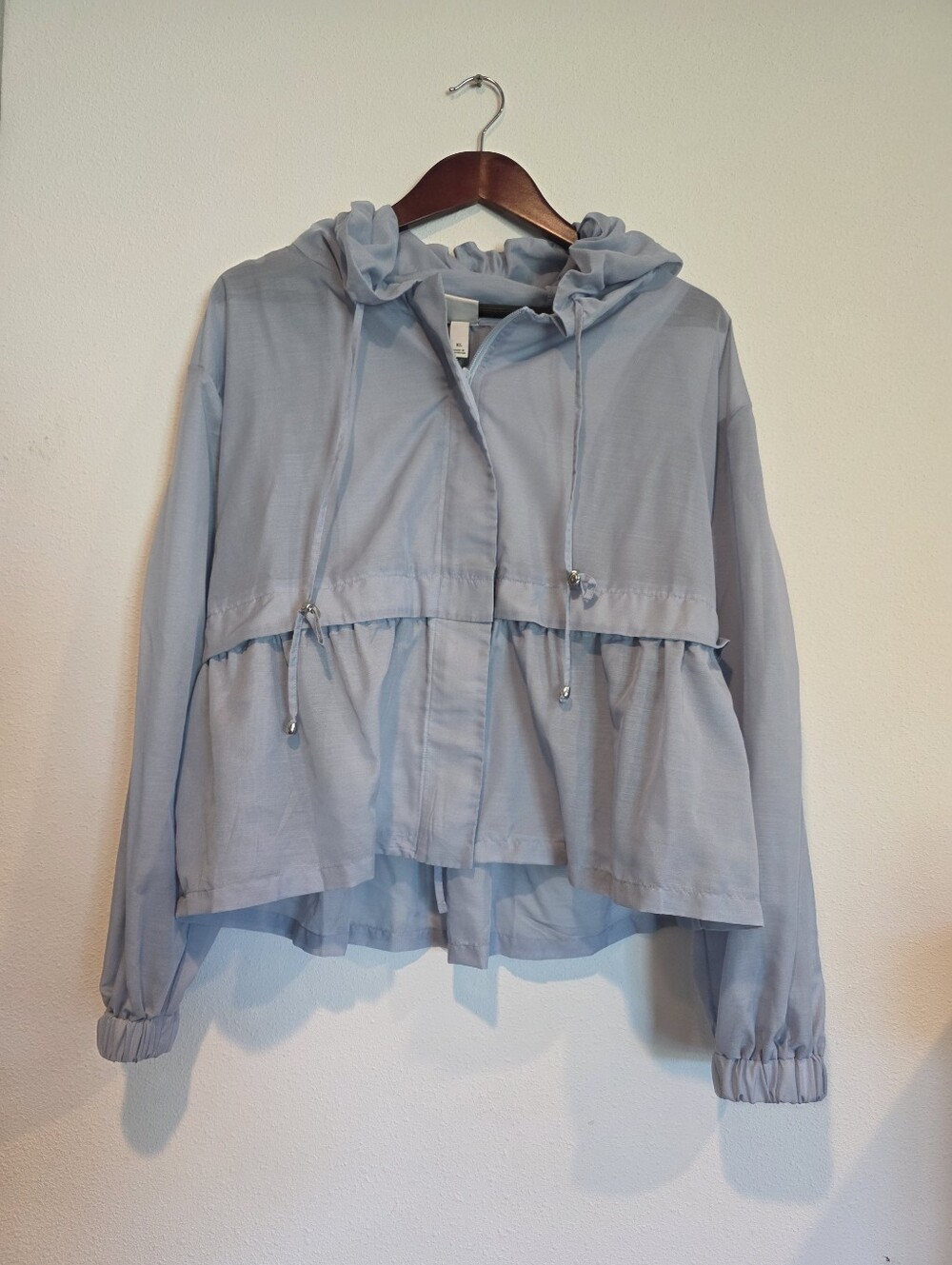 A New Day Jacket Sz XL Windbreaker Light Blue Semi Sheer Hood Zip Up Pockets